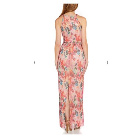 ADRIANNA PAPELL Floral Metallic Pleated Halter Gown - Picture 2 of 13